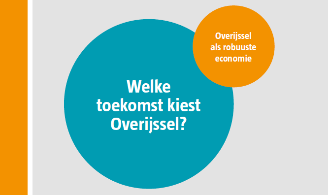 Twee cirkels op een grijze achtergrond. De linker cirkel is blauw en bevat de tekst "Welke toekomst kiest Overijssel?". De rechter cirkel is oranje en bevat de tekst "Overijssel als robuuste economie".