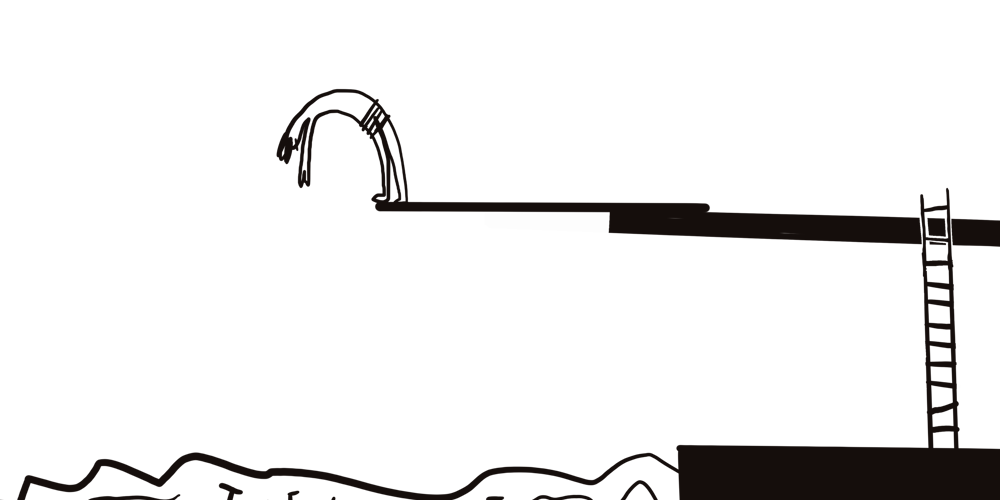 Illustratie van een duikplank boven een zwembad waarin het woord 'Toekomst' staat te lezen 