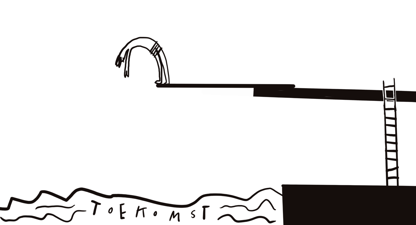 Illustratie van een duikplank boven een zwembad waarin het woord 'Toekomst' staat te lezen 