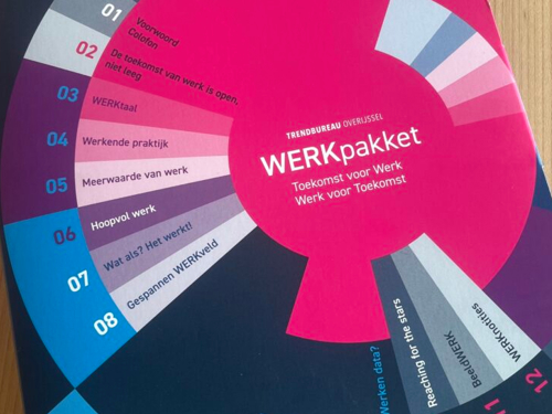 Een werkpakket met de titel "WERKpakket Toekomst voor Werk, Werk voor Toekomst" van Trendbureau Overijssel, met een cirkelvormig diagram dat verschillende aspecten van werk in de toekomst weergeeft.