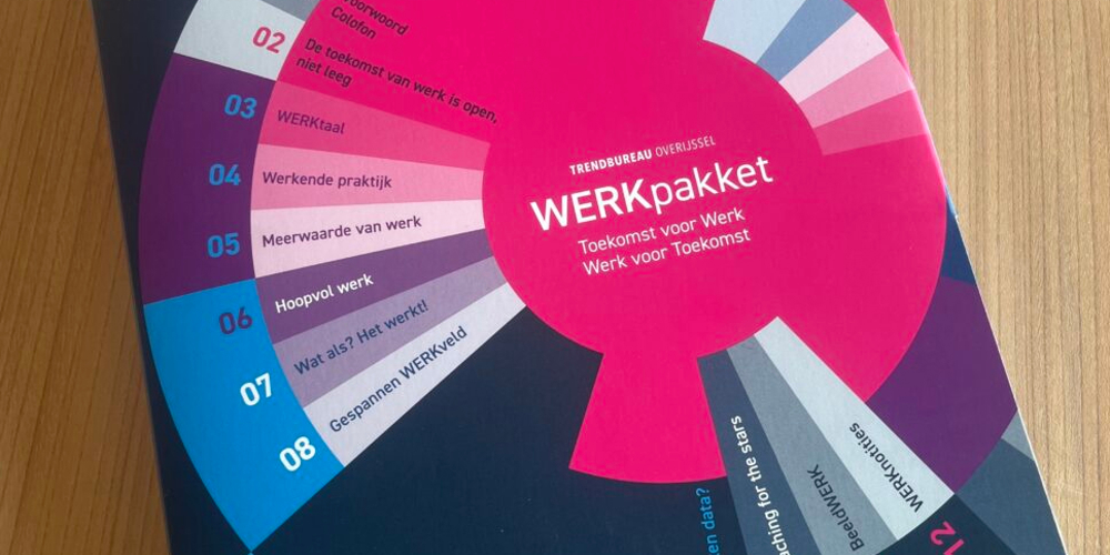 Een werkpakket met de titel "WERKpakket Toekomst voor Werk, Werk voor Toekomst" van Trendbureau Overijssel, met een cirkelvormig diagram dat verschillende aspecten van werk in de toekomst weergeeft.