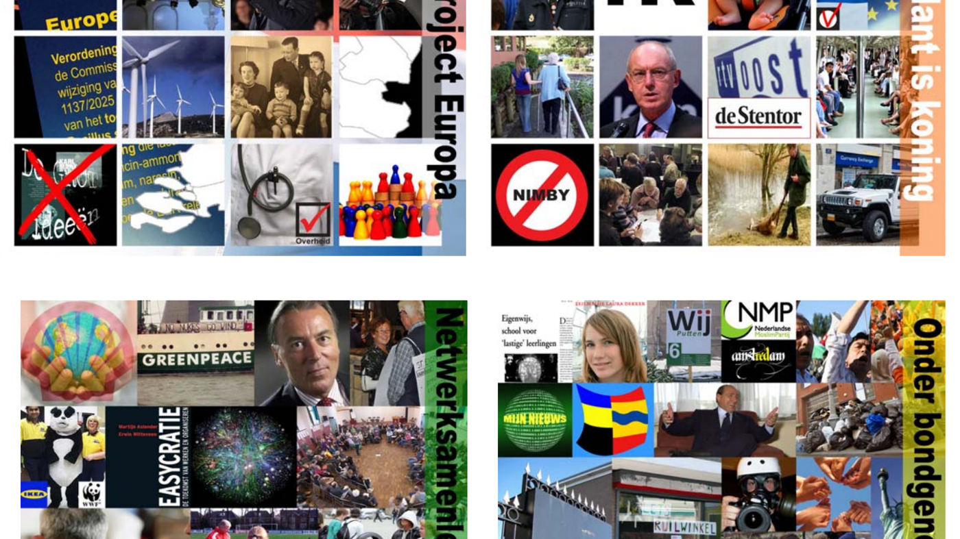 Collage van foto’s van bepalende politieke gebeurtenissen en hun invloed op kiezers.