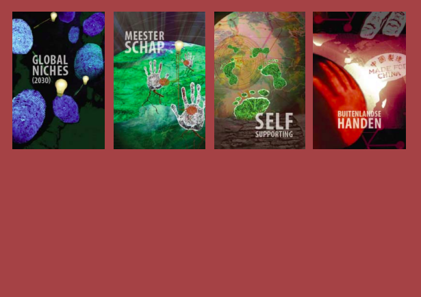 Vier abstracte ontwerpen op een bordeauxrode achtergrond, elk met een uniek thema: "Global Niches (2030)" met blauwe vormen en vingerafdrukken, "Meesterschap" met witte handen en rode accenten, een afbeelding van de aarde met groene voetstappen en "Self supporting", en een rode afbeelding met een hand, voeten en de tekst "Buitenlandse handen"