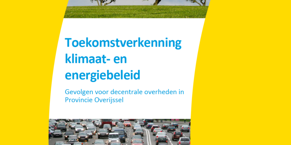 Omslag van rapport "Toekomstverkenning klimaat- en energiebeleid" met afbeeldingen van verkeer en natuur.