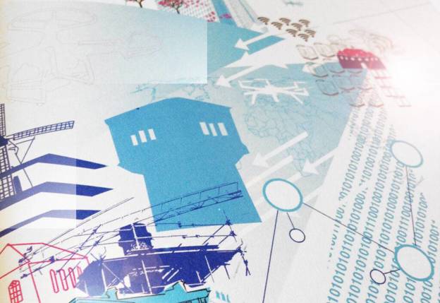 Een abstracte collage met een blauwe, gestileerde watertoren in het midden, omringd door schetsen van huizen, windmolens en vliegtuigen. 