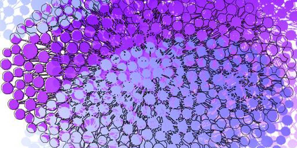 Een abstracte afbeelding met overlappende cirkels in verschillende tinten paars, blauw en wit, gerangschikt in een radiaal patroon op een witte achtergrond.