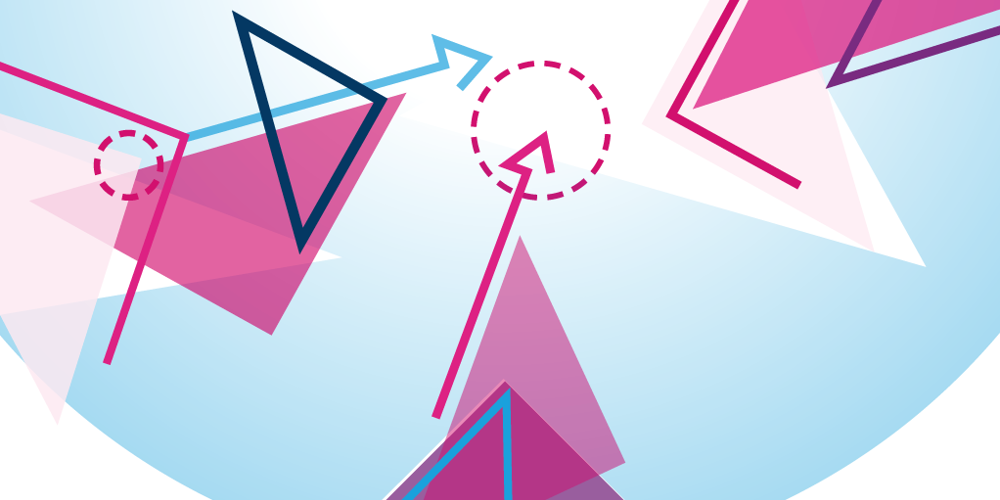 Een abstracte afbeelding met geometrische vormen in roze, blauw en paars, tegen een lichtblauwe achtergrond. De vormen zijn voornamelijk driehoeken en lijnen, met enkele cirkels met stippellijnen. De afbeelding heeft een dynamisch en modern ontwerp.