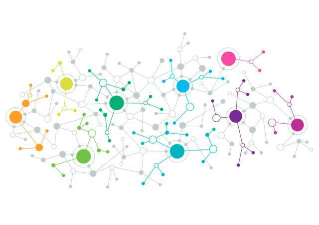 Een abstracte illustratie van een netwerk met gekleurde cirkels en lijnen op een witte achtergrond.