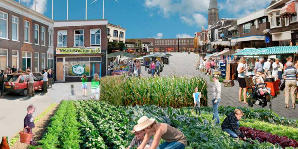 Collage van een binnenstad met samengestelde beelden van een moestuin, markt, winkelstraat, appartementencomplexen en een kerk.
