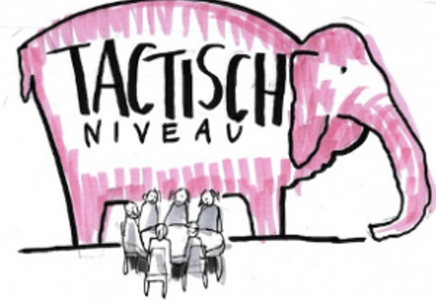 Illustratie van grote olifant met in de flank tekst 'Tactisch niveau'. Voor de olifant zitten 6 mensen aan een ronde tafel.