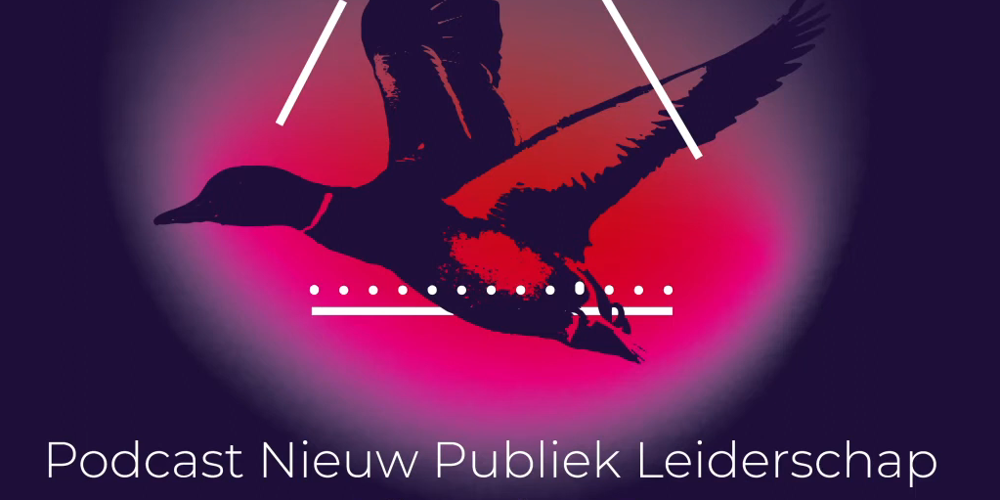 Een donkere silhouet van een vliegende wilde eend met rode accenten, omgeven door een paarse achtergrond met witte lijnen en de tekst "WILDE EENDEN" en "Podcast Nieuw Publiek Leiderschap".