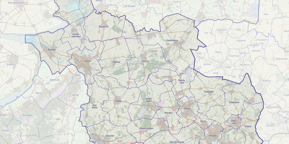 Een gedetailleerde kaart van de provincie Overijssel in Nederland.