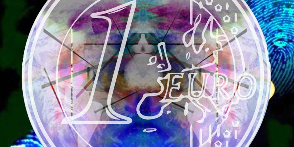 Een abstracte, digitale afbeelding van een euromunt met vingerafdrukken op een donkere achtergrond.