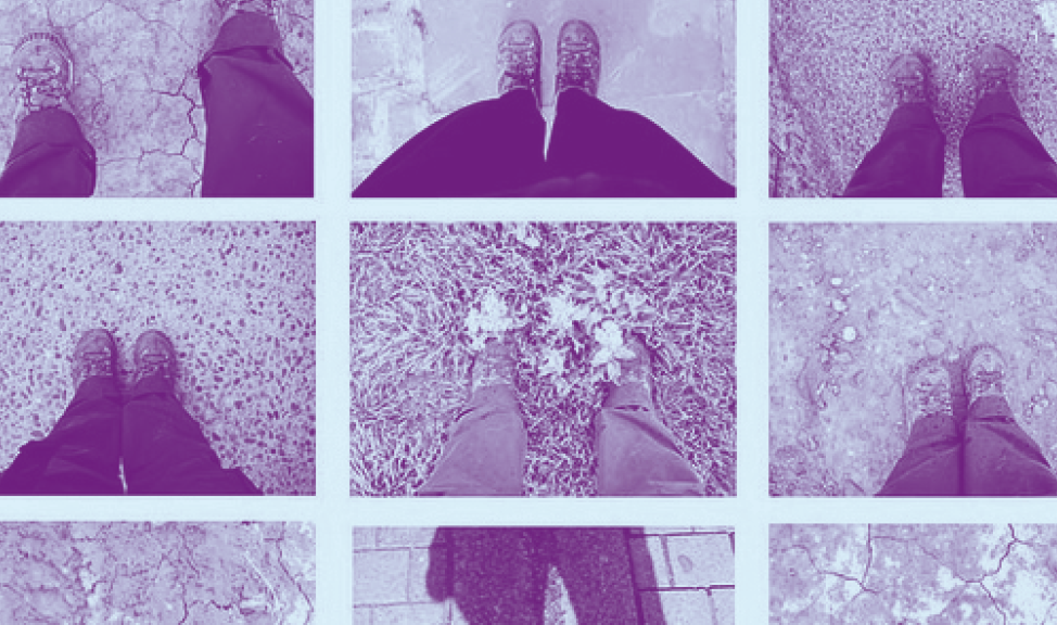 ollage van negen foto's van een persoon die naar beneden kijkt naar hun voeten op verschillende soorten ondergrond.