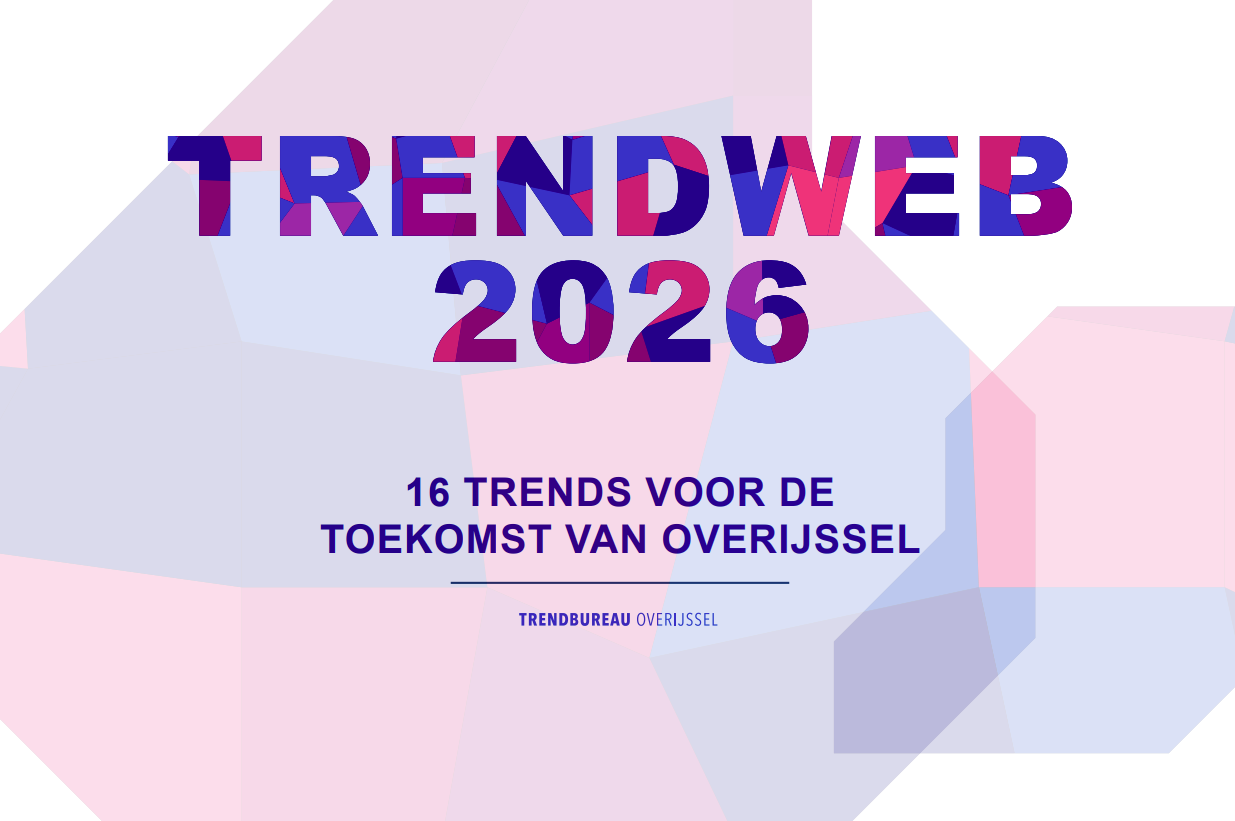 De omslag van Trendweb 2026 met een rustige grafische achtergrond en naast de titel de tekst: "16 trends voor de toekomst van Overijssel" en de naam van Trendbureau Overijssel