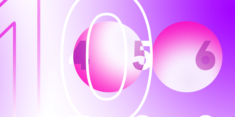 Abstracte afbeelding met de getallen 1 tot 9 en 100 in een wit lettertype op een paars-witte achtergrond. Twee cirkels met een roze-wit verloop overlappen elkaar gedeeltelijk in het midden van de afbeelding, met de getallen 4, 5 en 6 erin. Het ontwerp is modern en minimalistisch.