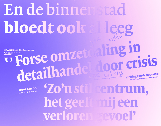 Een abstracte afbeelding met overlappende tekst in verschillende lettertypen en groottes, tegen een achtergrond die verloopt van lichtpaars naar wit. 
