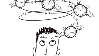 Illustratie van een hoofd met ronddraaiende klokken.