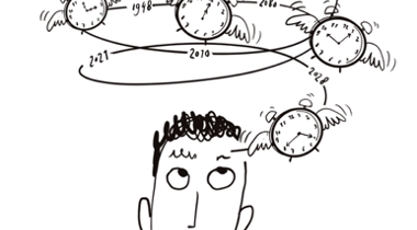 Illustratie van een hoofd met ronddraaiende klokken.