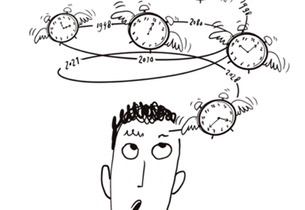 Illustratie van een hoofd met ronddraaiende klokken.