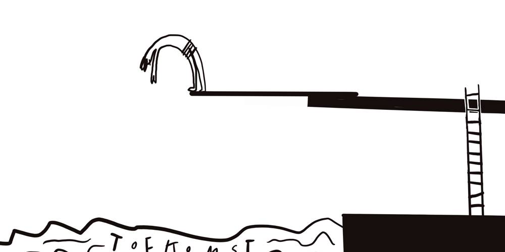 Illustratie van een duikplank boven een zwembad waarin het woord 'Toekomst' staat te lezen 